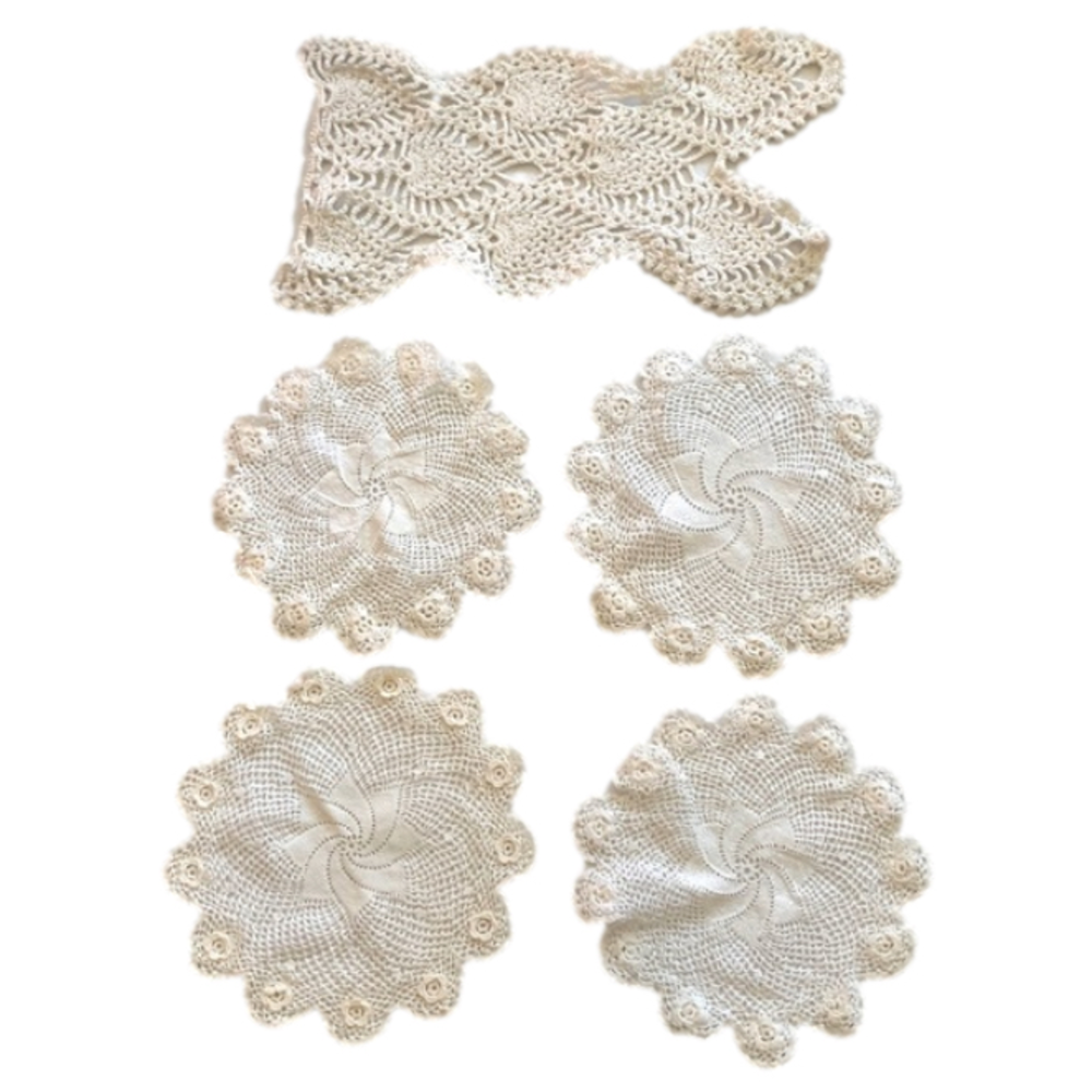 Set of Kitschy Crochet Doily Tablescape Decor 5 pieces Coasters etc